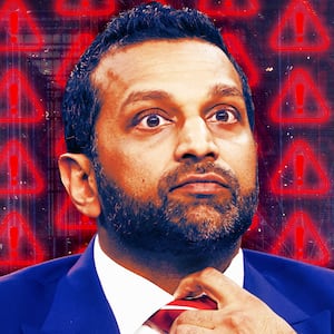 A photo illustration of Kash Patel and glowing red warning signs.