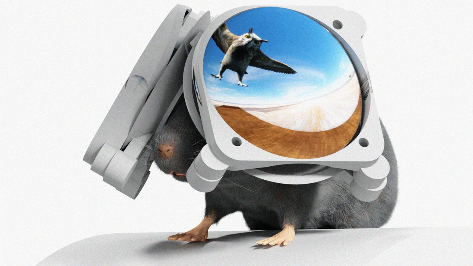 Digital conceptual art of a mouse wearing the iMRSIV VR headset for mice