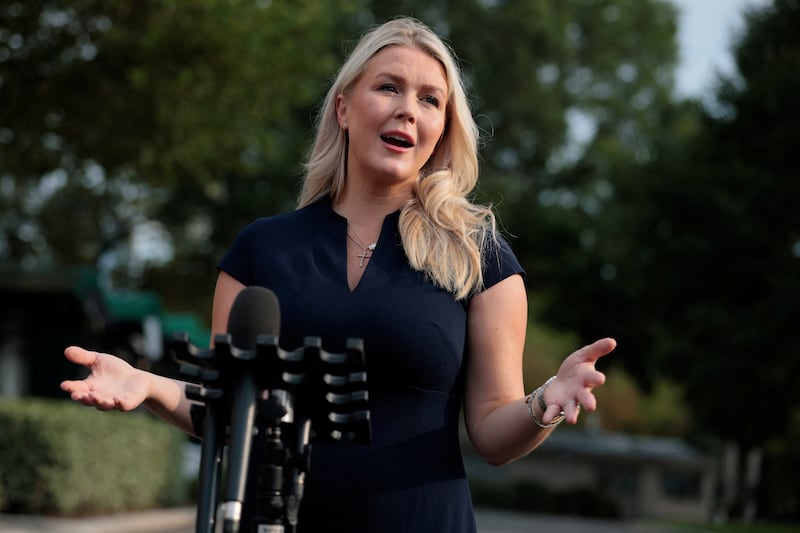 White House Press Secretary Karoline Leavitt speaks with reporters at the White House in Washington, D.C., U.S., August 27, 2026. REUTERS/Evan Vucci
