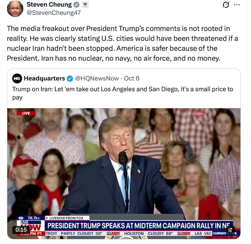 Steven Cheung hits back at the "media freakout" over Trump's comments.