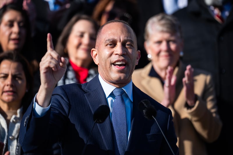 UNITED STATES - DECEMBER 18: House Minority Leader Hakeem Jeffries, D-N.Y., speaks during a rally outside the U.S. Capitol to call for a vote on extending the Affordable Care Act tax credits on Thursday, December 18, 2025. (Tom Williams/CQ-Roll Call, Inc via Getty Images)