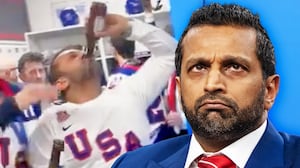 A photo composite of Kash Patel chugging a beer at the Winter Olympics and during a Senate Judiciary Committee hearing in Washington, DC.