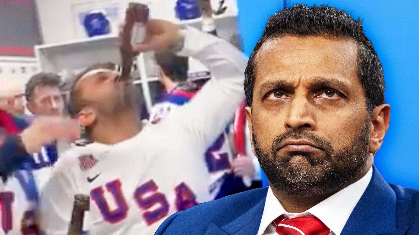 A photo composite of Kash Patel chugging a beer at the Winter Olympics and during a Senate Judiciary Committee hearing in Washington, DC.