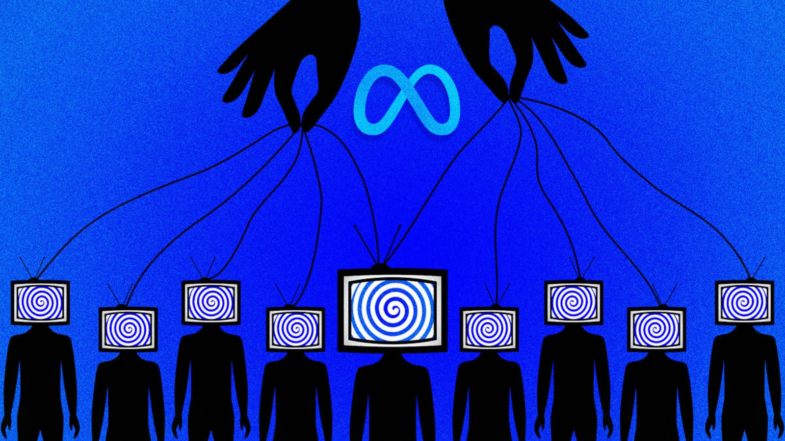 Stylized illustration of a giant set of hands controlling people with the Meta log in the center