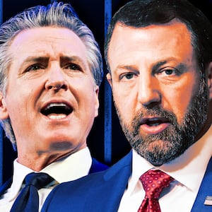 Gavin Newsom and Secretary of Homeland Security Markwayne Mullin illo illustration.