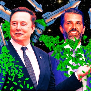 A photo illo illustration of Elon Musk, Kelly Loeffler, DJT Jr, and Steve Witkoff, and SpaceX rocketships.