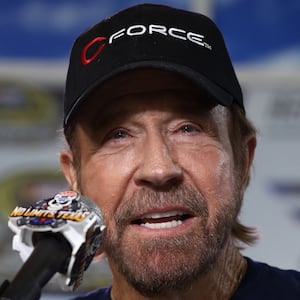 Actor Chuck Norris speaks with the media prior to the NASCAR Sprint Cup Series AAA Texas 500 at Texas Motor Speedway on November 6, 2016, in Fort Worth, Texas.