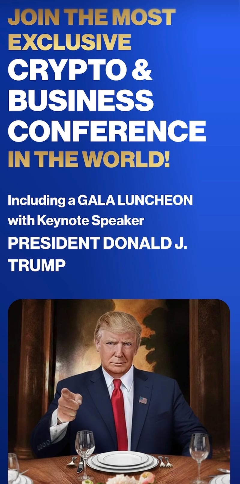 Promotional poster for Crypto & Business Conference, keynote speaker Donald J. Trump.