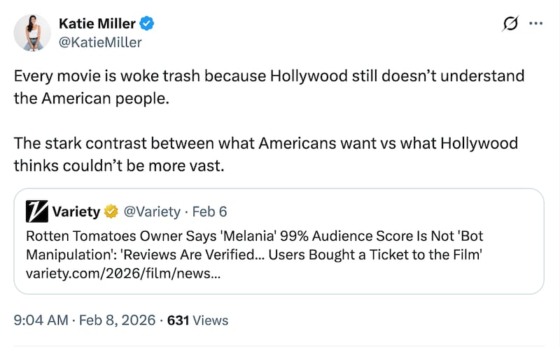 Katie Miller slams "woke trash" in Hollywood after "Melania" reviews deemed authentic by Rotten Tomatoes.