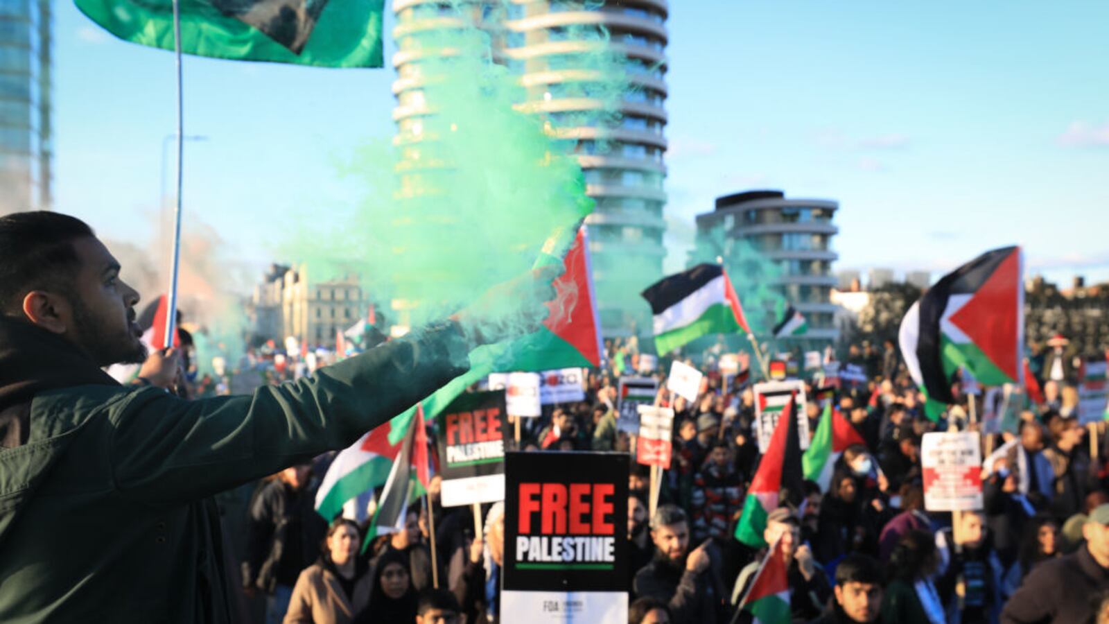 People march on Vauxhall bridge during a pro-Palestinian rally on Armistice Day.
