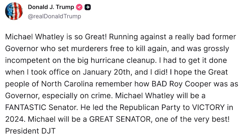 Trump reaffirmed his Whatley endorsement 20 minutes after the Daily Beast asked the White House for a comment.