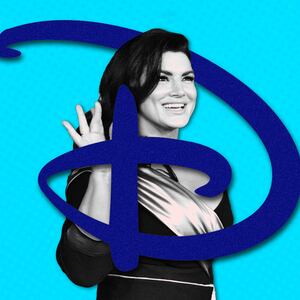 A photo illustration of Giana Carano and the Disney logo.