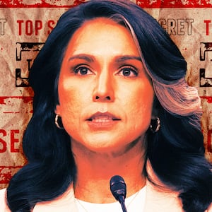 A photo illustration of Tulsi Gabbard in front of top secret stamps.