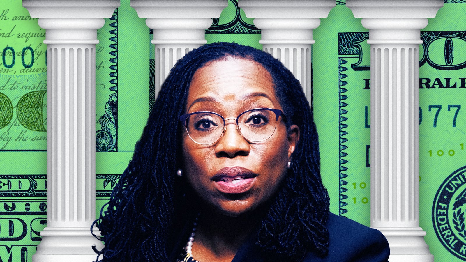 A photo illustration of Supreme Court Justice Ketanji Brown Jackson, marble court pillars in front of US dollars.