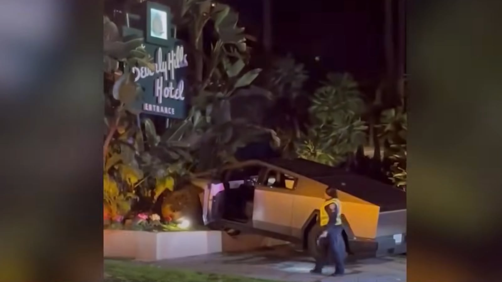 A Tesla Cybertruck crashed into the sign in front of The Beverly Hills Hotel in Los Angeles, California.