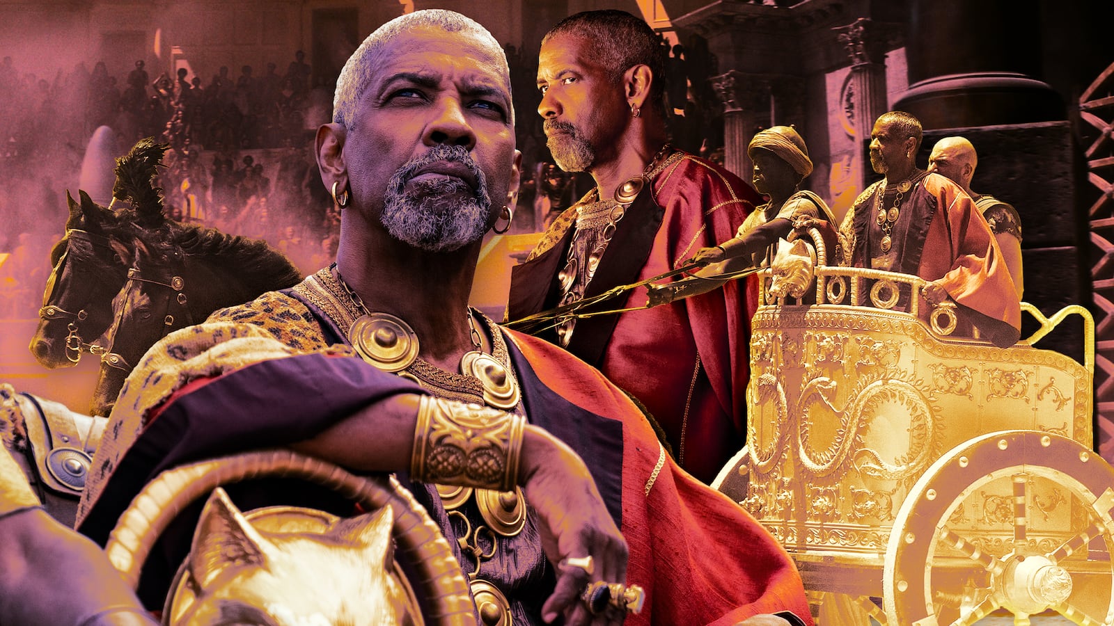 A photo illustration of Denzel Washington in Gladiator II.