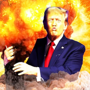 Illo illustration of Donald Trump hugging a mushroom cloud explosion