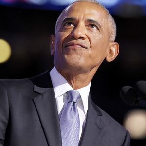 Barack Obama speaks during the Democratic National Convention Tuesday, Aug. 20, 2024, in Chicago. (Robert Gauthier/Los Angeles Times via Getty Images)