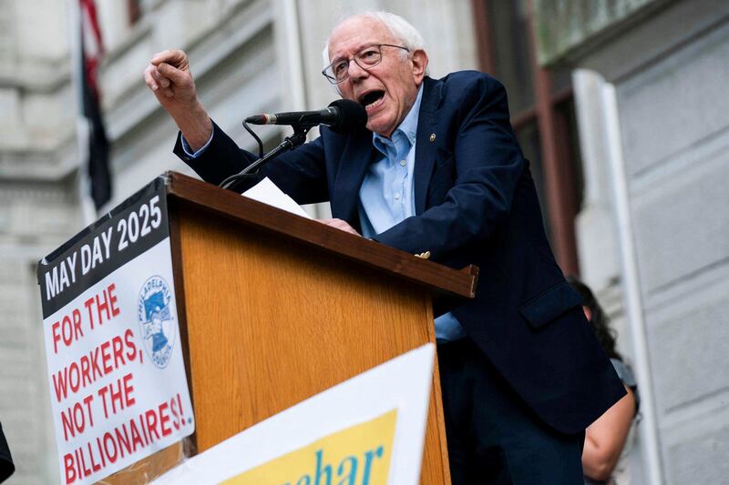 Senator Bernie Sanders speaks during a stop on the "Fighting Oligarchy" tour in Philadelphia, Pennsylvania.