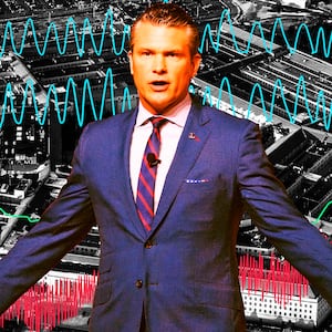 A photo illustration of Pete Hegseth in front of the Pentagon with polygraph lines.