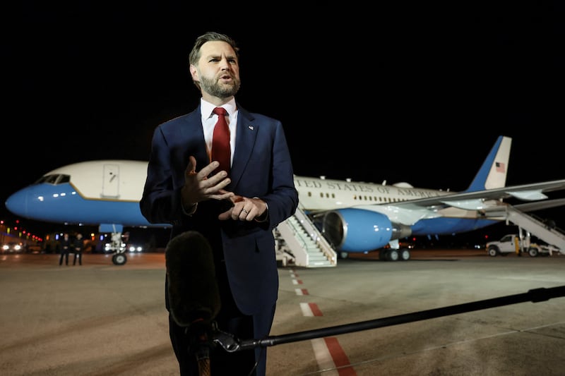 U.S. Vice President JD Vance speaks to the media before boarding Air Force Two to return to Washington, D.C., after the White House announced he would be leading the U.S. delegation in upcoming peace talks with Iran, from Budapest Ferenc Liszt International Airport in Budapest, Hungary, April 8, 2026. REUTERS/Jonathan Ernst/Pool
