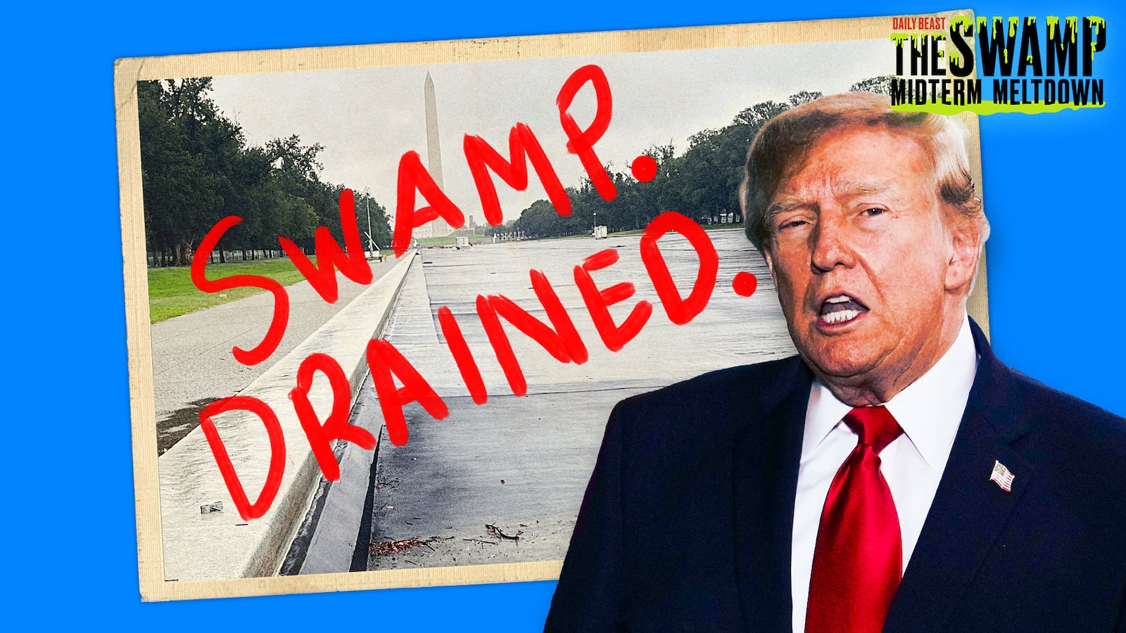 A photo illustration for The Swamp of Donald Trump and the condition of the drained DC Reflecting Pool.