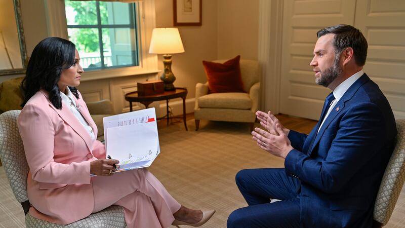 MEET THE PRESS -- Moderator Kristen Welker Interviews Vice President JD Vance -- Pictured: (l-r) Kristen Welker, Moderator; Vice President JD Vance --