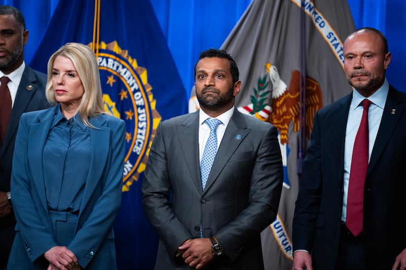 Attorney General Pam Bondi, FBI Director Kash Patel, and Dan Bongino, deputy director of the FBI, conduct a news conference at the Department of Justice on Thursday, December 4, 2025, announcing the arrest of Brian Cole Jr., who allegedly placed pipe bombs near the Republican and Democratic National Committee offices on January 6, 2021.