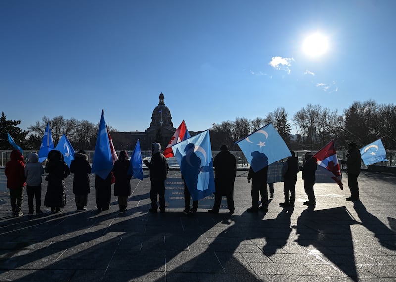 EDMONTON, CANADA - FEBRUARY 08:
Uyghur activists gather at Violet King Henry Plaza, in front of the Alberta Legislature, during the 'Edmonton for East Turkistan' protest on February 8, 2025, in Edmonton, Alberta, Canada. 
The demonstration calls for justice, an end to the persecution of Uyghurs in East Turkistan, and commemorates the 1997 Ghulja Massacre. (Photo by Artur Widak/NurPhoto via Getty Images)