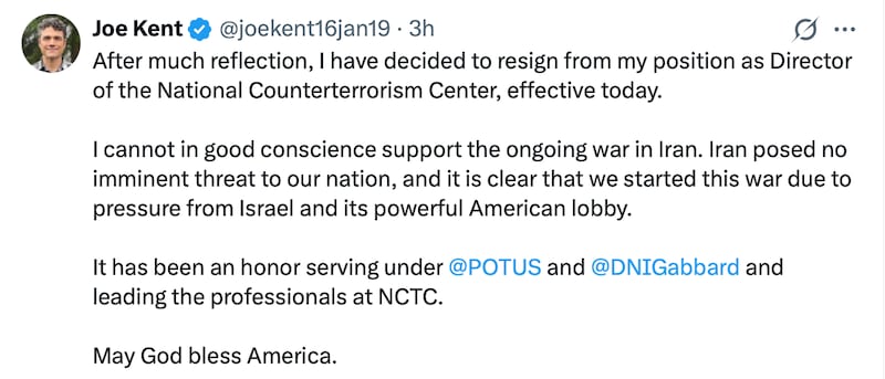 Kent's announcement on X. Joe Kent/X.