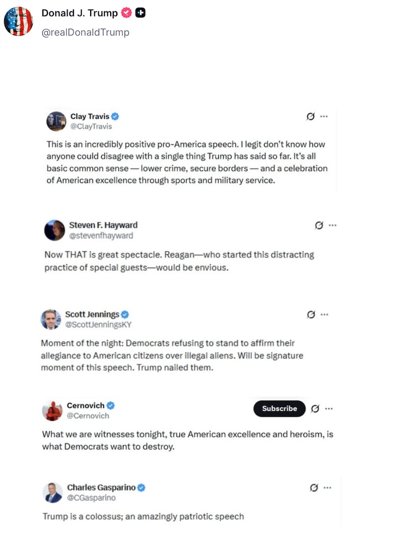 Donald Trump shares old praise on Truth Social.