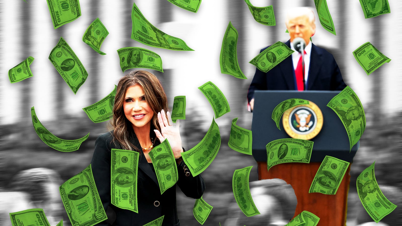 Kristi Noem and Donald Trump with money falling down around them