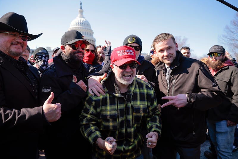 Stewart Rhodes, Enrique Tarrio, Joe Biggs, and Zach Rehl, members of the far-right group the Proud Boys, rally outside the Capitol in February 2025. All were pardoned by Trump after the Jan. 6 insurrection.
