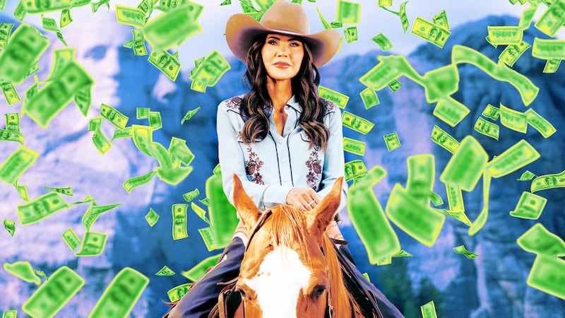 A photo illustration of Secretary of Homeland Security Kristi Noem riding a horse at Mount Rushmore National Memorial in South Dakota.