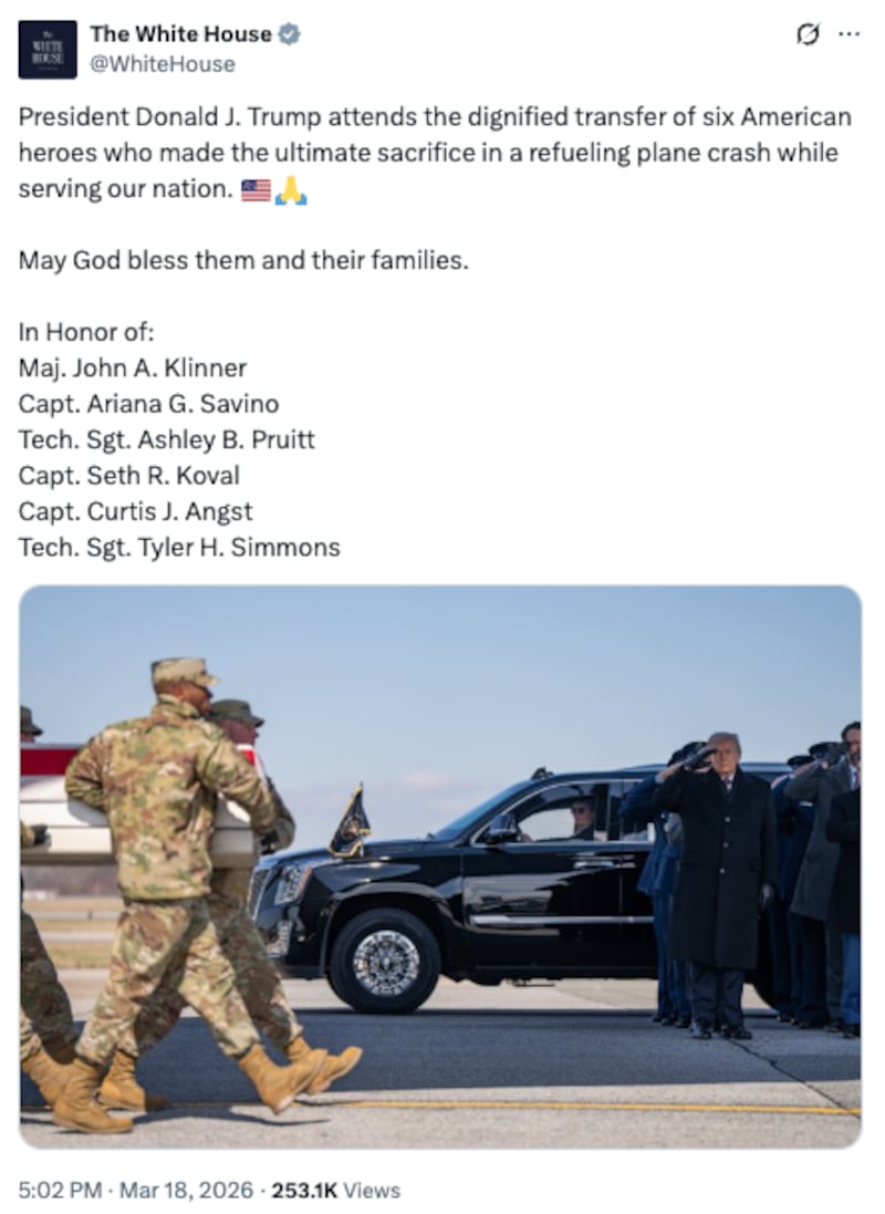 The White House posted a photo from the dignified transfer after the families of the fallen soldiers requested no media.