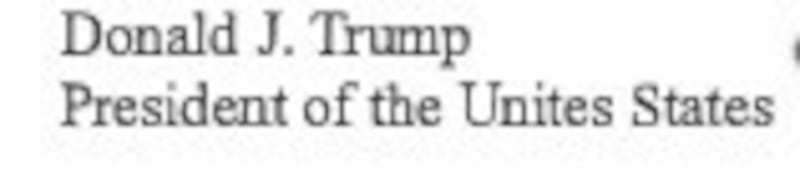 Trump signs a document calling himself the president of the “Unites States.”