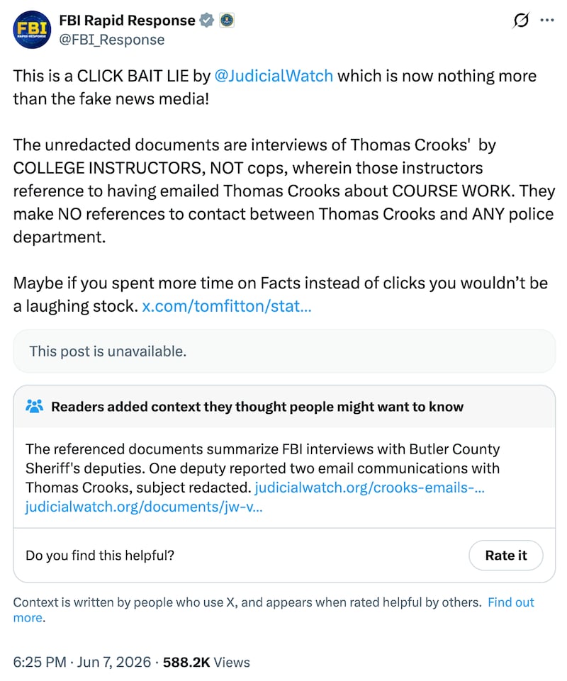 FBI Rapid Response post attacking Tom Fitton and Judicial Watch.