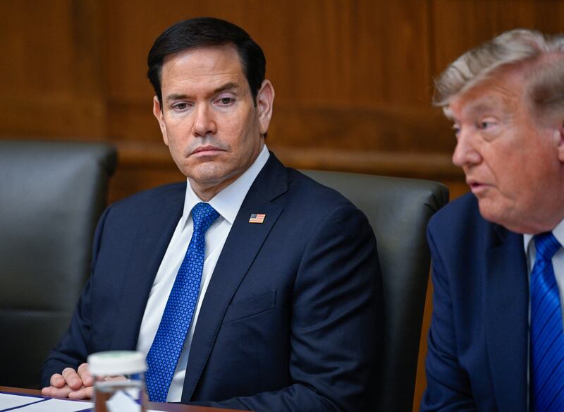 U.S. President Donald Trump and Secretary of State Marco Rubio participate in a cabinet meeting at Camp David in Thurmont, Maryland, U.S., July 31, 2026. REUTERS/Daniel Heuer