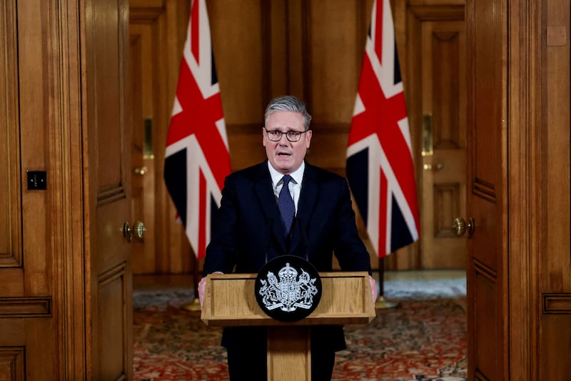 FILE PHOTO: Britain's Prime Minister Keir Starmer delivers a statement inside No. 10 Downing Street on the day the cabinet was recalled to discuss the situation in Gaza, in London, Britain, July 29, 2025. REUTERS/Toby Melville/Pool/File Photo
