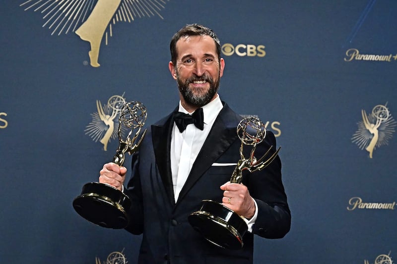 Noah Wyle poses with last year's awards for Outstanding Lead Actor in a Drama Series and Outstanding Drama Series for "The Pitt" in Los Angeles.