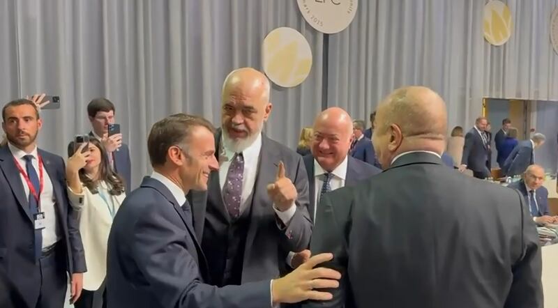 Albanian Prime Minister Edi Rama sharing a joke with French President Emmanuel Macron.