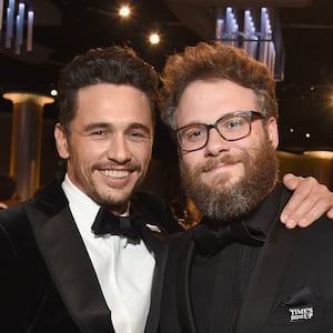 Actors/filmmakers James Franco (L) and Seth Rogen celebrate The 75th Annual Golden Globe Awards with Moet & Chandon at The Beverly Hilton Hotel on January 7, 2018 in Beverly Hills, California.