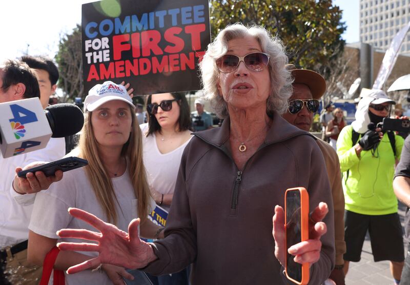 Jane Fonda speaks with members of the press outside the federal courthouse in support of former CNN anchor Don Lemon