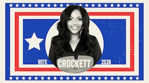 Jasmine Crockett on a blue and red background with stars