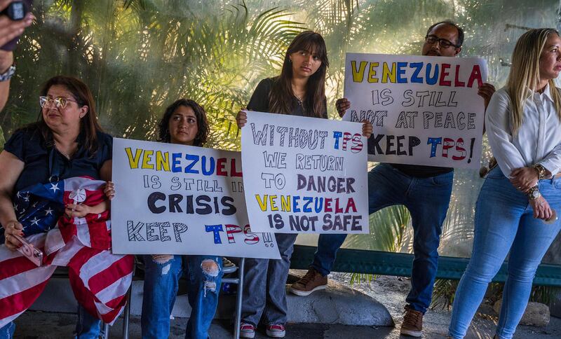 Venezuelan migrants hold a demonstration in Doral, Florida, home to one of President Donald Trump’s golf clubs. They say Temporary Protected Status is a necessity for Venezuelans who will face persecution if they return.