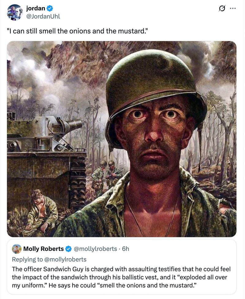 Jordan Uhl's meme about the "onions and mustard" line from the "Sandwich Guy" testimony.