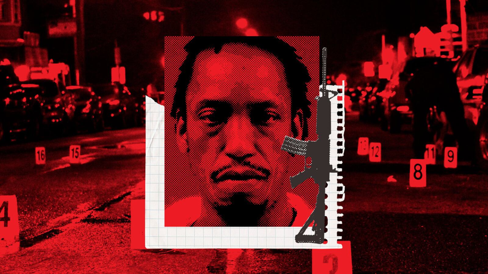 An illustration of Kimbrady Carricker and an AR-15