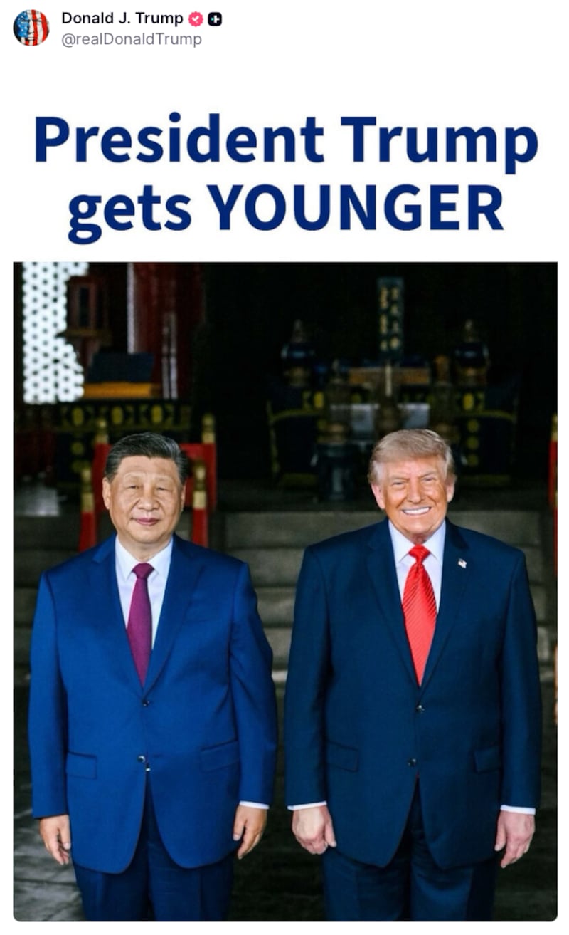 A photo of Donald Trump next to Chinese president Xi Jinping below the headline: "President Trump gets YOUNGER."