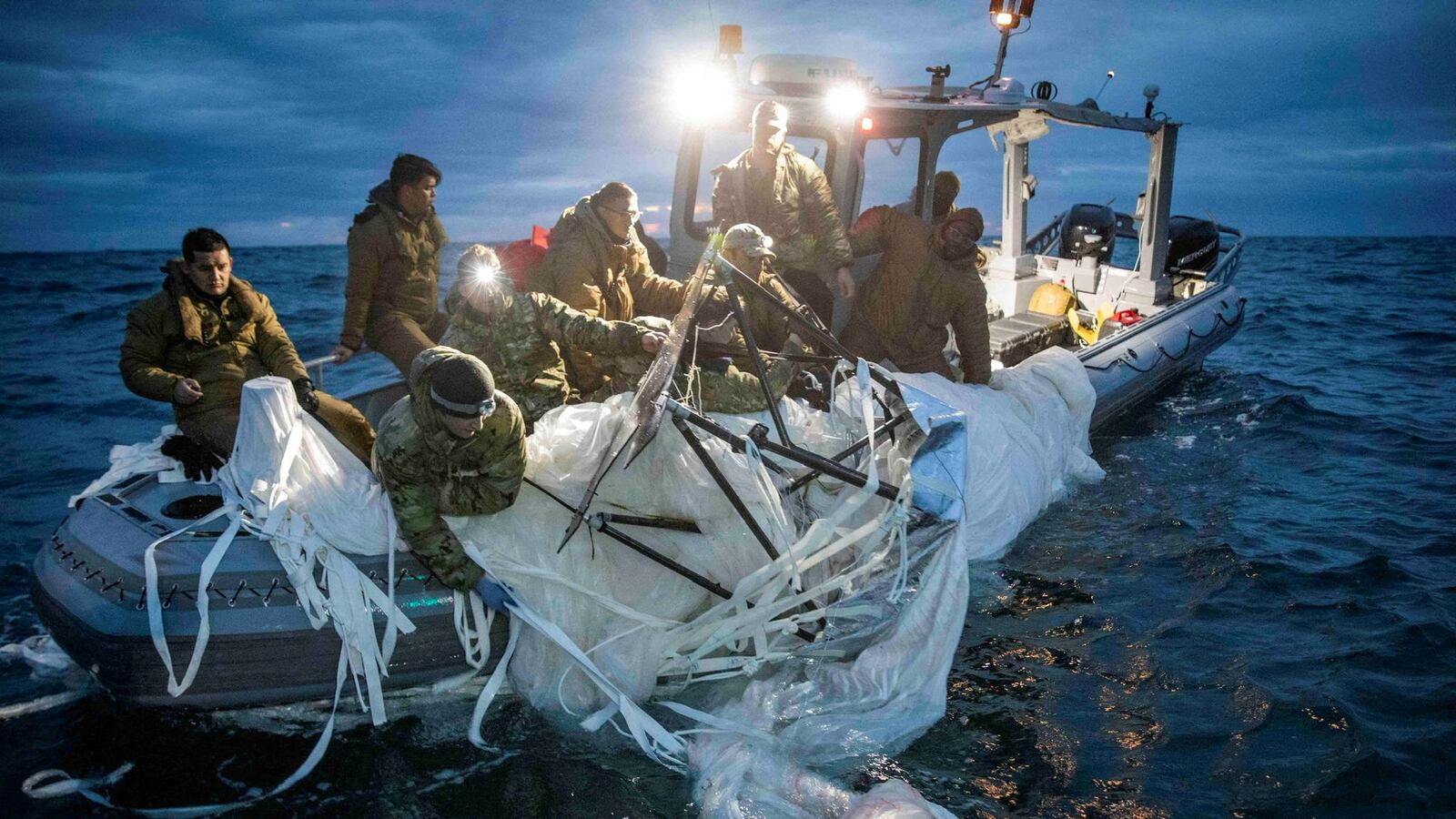 Rescuers recover the Chinese surveillance balloon off the coast of South Carolina.