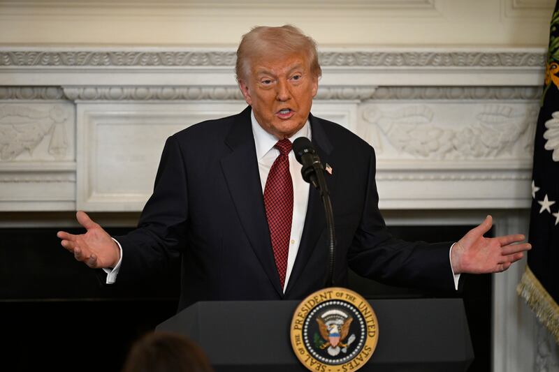 President Donald Trump addresses a breakfast for Republican senators in the State Dinning at the White House in Washington, DC on November 5, 2025.
